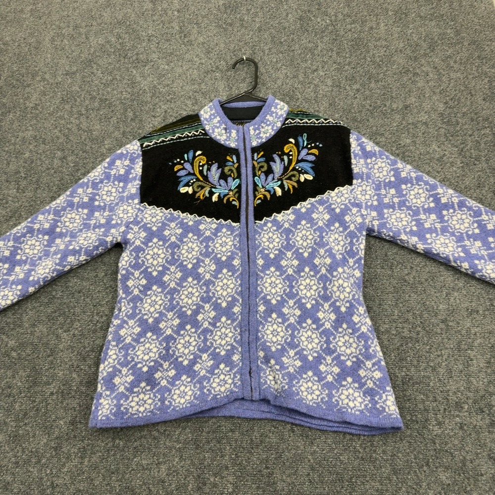 Vintage Icelandic Design Cardigan Sweater Women L Purple Wool Embroidered Nordic